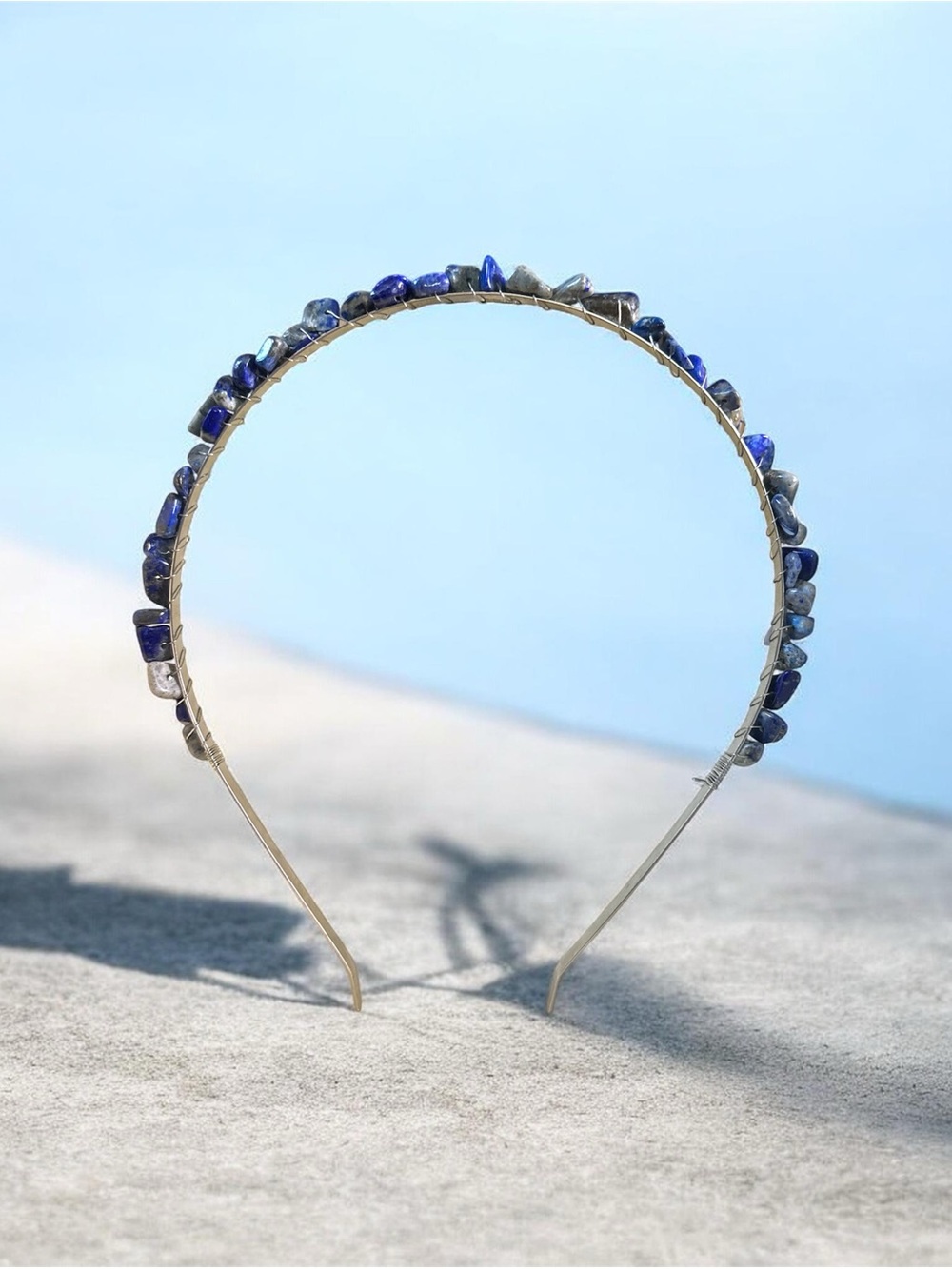 Blue Beaded Wire Headband - Elegant Lapis Lazuli Gem Accent